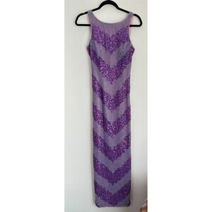 Adrianna Papell Sequin Gown Purple Chevron Formal Dress Open Back Party Silk‎